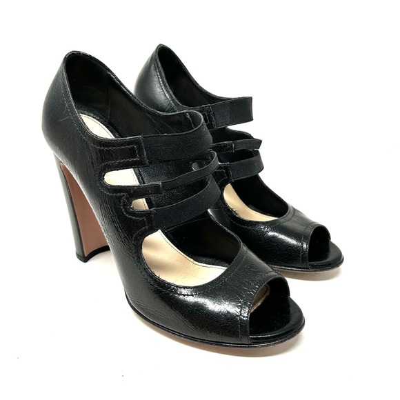 PRADA black crinkled leather, peep toe Mary Jane heels, made in Italy size 39.5 - Picture 2 of 12